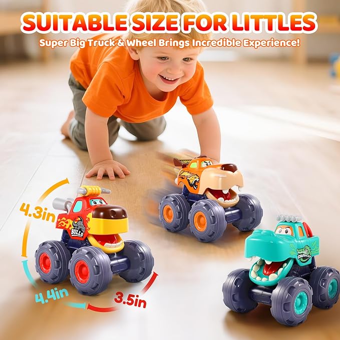 Car Toys for 1 Year Old Boy Gifts, Pull Back Monster Truck Toy Cars for Toddlers 1-3, 1 2 3