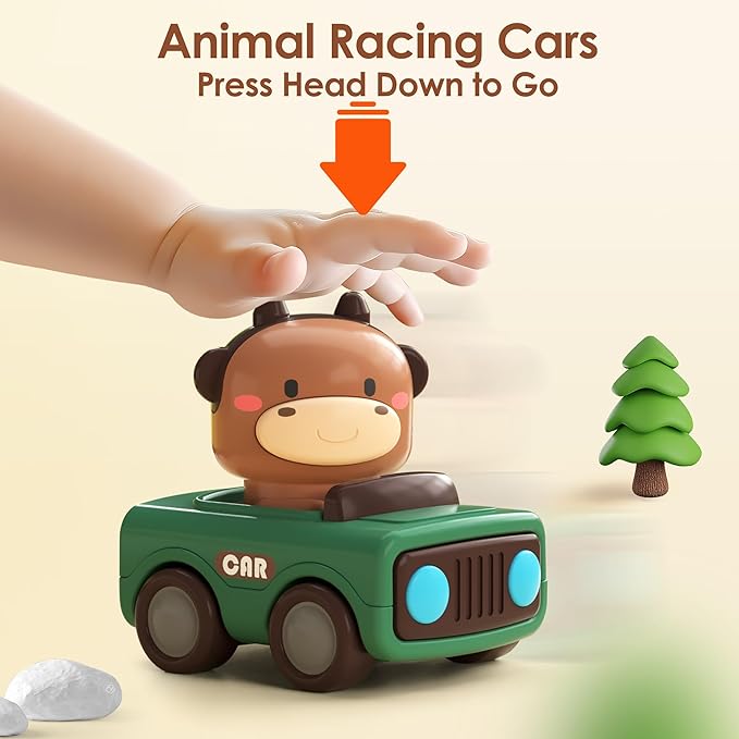 Press to Go Car Toys for Toddlers 1-3, Baby Animal Racing Cars, Infant Play Vehicle Set